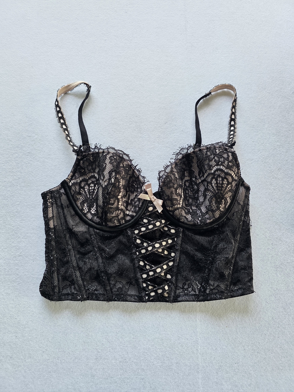 Romantic Goth Victoria's Secret Black Lace Longline Crop Top With Corset Detail